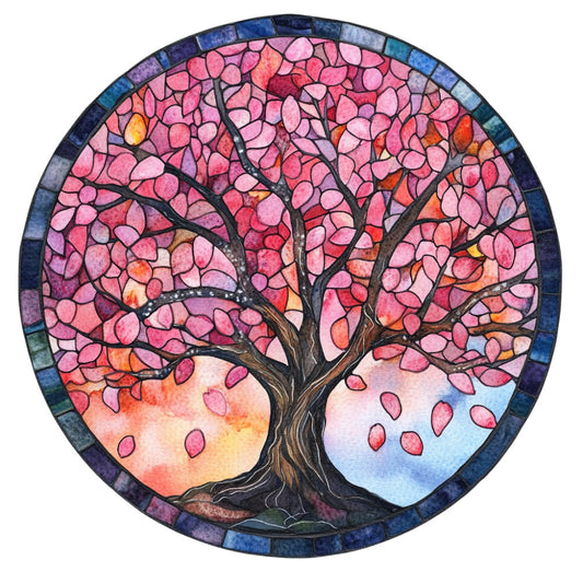 cherry blossom, pink tree, stained glass, nature, tree of life, spring, floral, watercolor, whimsical, artistic, botanical, blush pink, coral pink, deep burgundy, navy blue, teal blue, purple, warm peachy tones, cool blue tones, falling petals, branching tree, bohemian, elegant, sunset sky, twilight, transitional, decorative border, wall hanging, meditation art