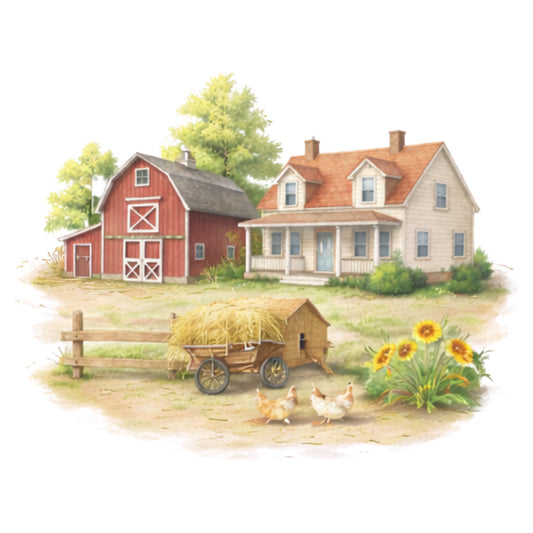 farmhouse, barn, country, rural, cottage, sunflowers, chickens, hay wagon, red barn, cream house, vintage, rustic, pastoral, farm scene, animals, nature, spring, summer, pastoral landscape, traditional, nostalgic, americana, agricultural, domestic life, warm neutral, golden yellow, terracotta red, cream, sage green, panel print