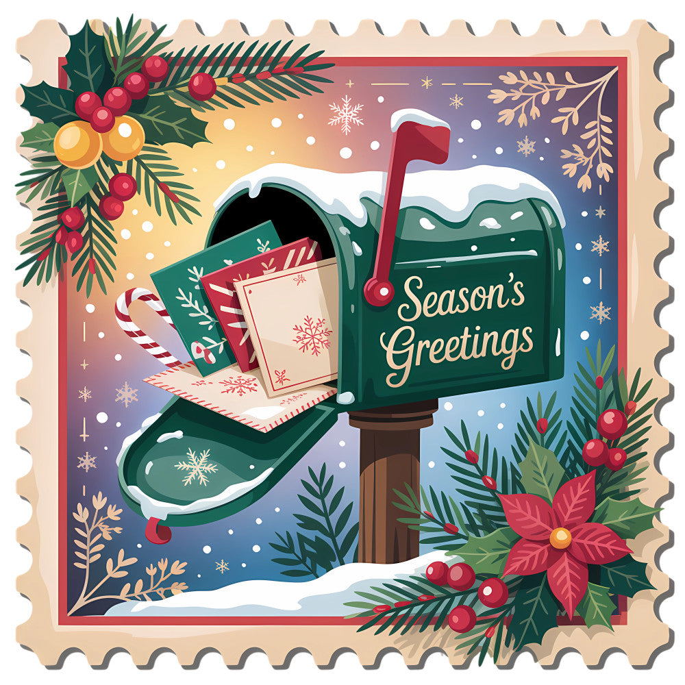 Vintage Christmas Stamps Fabric Panel 32 featuring a snowy mailbox with holiday cards and seasonal floral decorations.