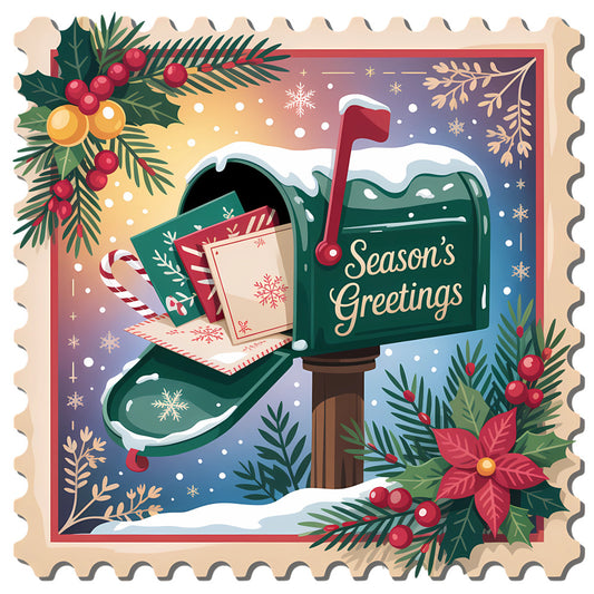 Vintage Christmas Stamps Fabric Panel 32 featuring a snowy mailbox with holiday cards and seasonal floral decorations.