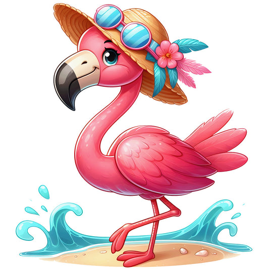 flamingo, pink, coral, turquoise, aqua blue, tropical bird, beach hat, sunglasses, hibiscus flower, ocean waves, sand, summer vacation, cartoon style, cute illustration, fabric panel, quilting cotton, tropical theme, beach scene, whimsical design, children's fabric
