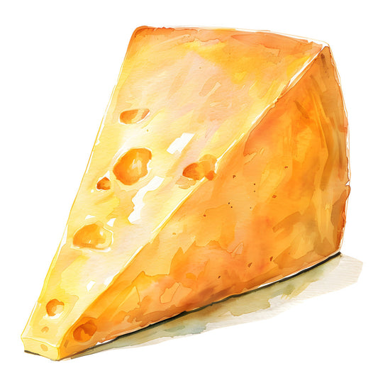 cheese, cheddar, golden yellow, burnt orange, cream, pale yellow, food, cheese wedge, realistic, still life, whimsical, food art, kitchen, farmhouse, culinary, cottage core, illustrated food, novelty, fun, playful, comfort food, dairy, gourmet, rustic, warm tones, orange and yellow, home decor, kitchen textile