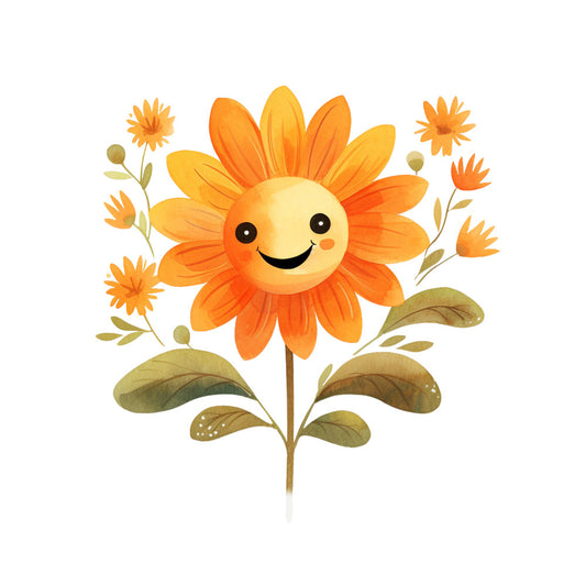 orange flowers, yellow petals, smiling sunflower, cute faces, happy expression, watercolor style, floral design, green leaves, brown stems, cheerful blooms, bright colors, whimsical art, fabric panel, quilting cotton, children's motif, spring theme, botanical illustration, orange gradient, nature pattern, craft material