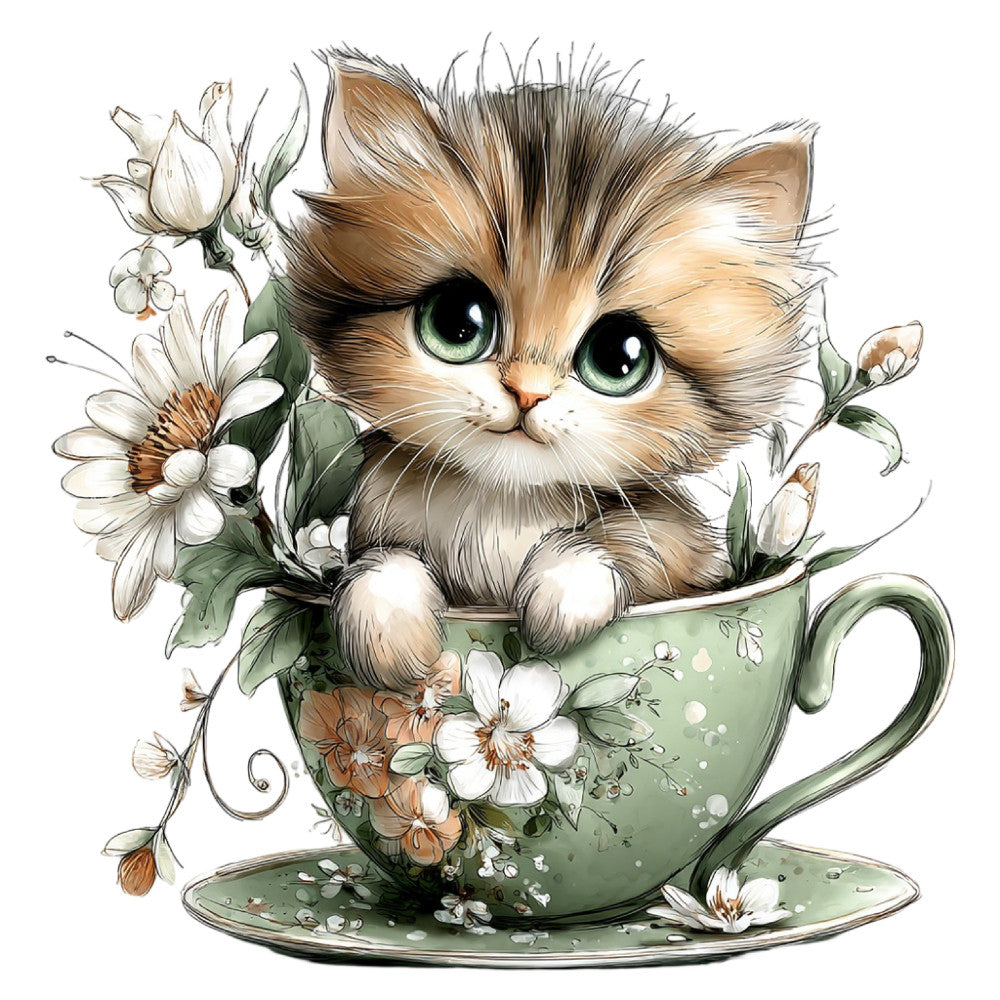 cat, kitten, fluffy cat, tabby cat, cute animals, flowers, daisies, white flowers, sage green, cream, tan, brown, soft colors, pastel, whimsical, vintage style, botanical, nature, tea cup, teacup, spring, garden theme, animal illustration, decorative panel, children's fabric, nursery, sweet design, floral arrangement, feminine style, cottage core