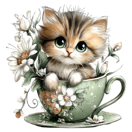 cat, kitten, fluffy cat, tabby cat, cute animals, flowers, daisies, white flowers, sage green, cream, tan, brown, soft colors, pastel, whimsical, vintage style, botanical, nature, tea cup, teacup, spring, garden theme, animal illustration, decorative panel, children's fabric, nursery, sweet design, floral arrangement, feminine style, cottage core