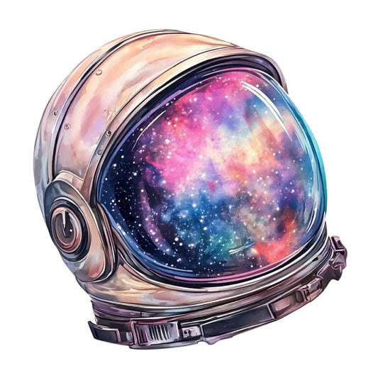 astronaut helmet, galaxy, cosmic, nebula, space theme, celestial, pink, purple, blue, magenta, teal, multicolor, rainbow, starry, sparkle, glitter, whimsical, modern, science fiction, futuristic, abstract, dreamy, aurora, universe, stars, metallic accents, retro futuristic, adventure, exploration, sci-fi