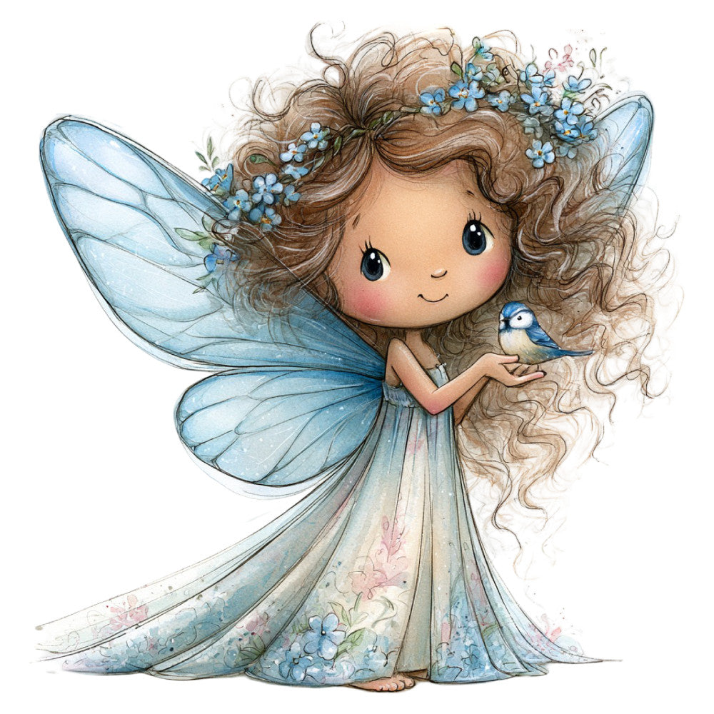 fairy, whimsical, fantasy, celestial, blue wings, flower crown, forget-me-nots, blue flowers, curly hair, cute character, storybook, children's illustration, soft blue, pale blue, sky blue, cream, beige, tan, pastel colors, nature, birds, whimsy, magical, dreamy, girl, spring, summer, baby quilt, nursery, wall hanging
