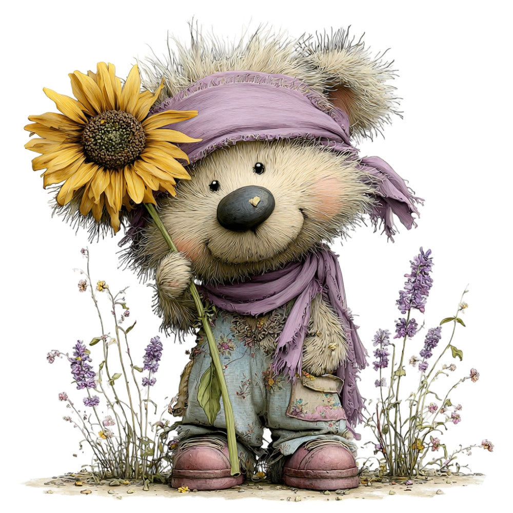 teddy bear, sunflower, lavender, whimsical, cute animals, children's, nursery, spring, summer, purple, yellow, sage green, dusty rose, nature, garden, flowers, rustic, charming, storybook, vintage, pastoral, adorable, kid-friendly, bedding, baby quilt, wall hanging, illustration style, decorative motifs, floral design