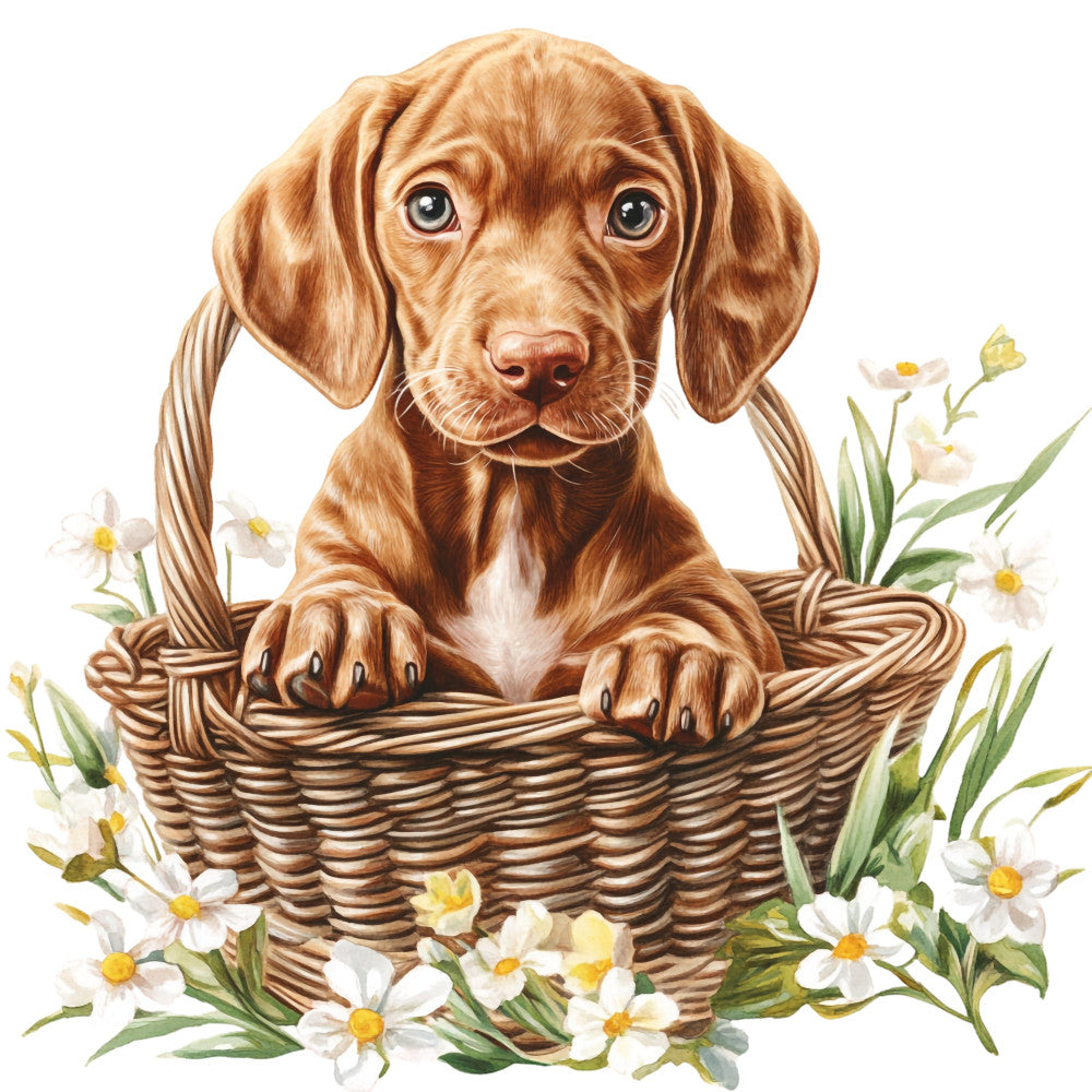 brown dog, spaniel, puppy, basket weave, woven basket, white daisies, yellow centers, spring flowers, floral, nature, animals, pets, dog lover, whimsical, cute, adorable, rustic, farmhouse, cottage core, cream white, warm brown, tan, natural tones, daisies, greenery, baby quilt, nursery, children, sweet, gentle
