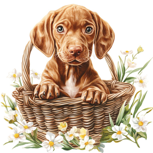brown dog, spaniel, puppy, basket weave, woven basket, white daisies, yellow centers, spring flowers, floral, nature, animals, pets, dog lover, whimsical, cute, adorable, rustic, farmhouse, cottage core, cream white, warm brown, tan, natural tones, daisies, greenery, baby quilt, nursery, children, sweet, gentle
