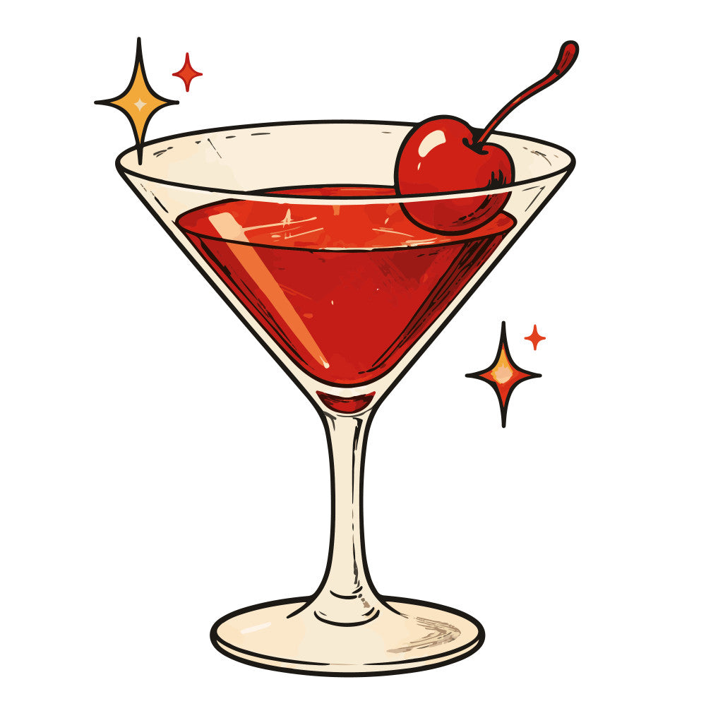 cocktail, martini, cherry, red drink, beverage, gold stars, sparkles, elegant, sophisticated, retro, vintage, mid-century modern, bar theme, nightlife, entertaining, celebration, party, whimsical, stylized, iconic, classic cocktail, bright red, cream, beige, tan, gold accents, glamorous, fun, playful, drinks