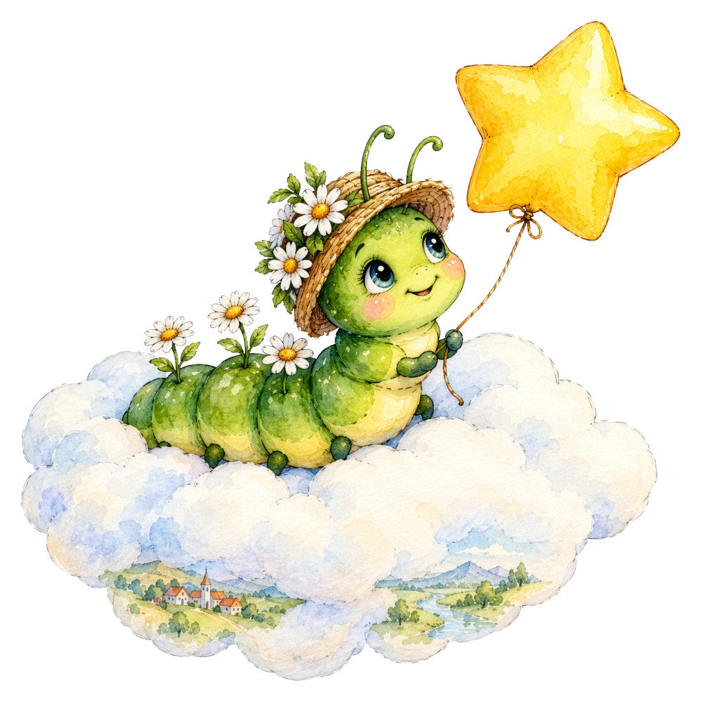 whimsical, caterpillar, yellow star, lime green, pale yellow, cloud, daisy, floral, nature, children's, baby, fantasy, dreamy, storybook, cute animals, insects, garden, spring, soft colors, pastel, countryside, landscape, village scene, charming, gentle, sweet, magical, nursery, kids fabric, illustrated