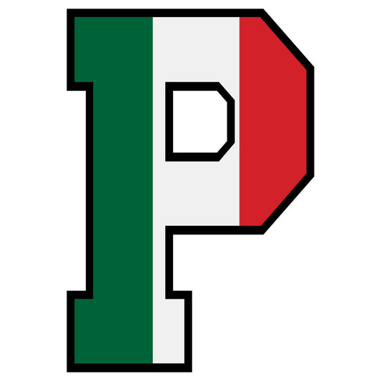 green, white, red, letter p, mexican flag colors, alphabet panel, fabric panel, quilting cotton, patriotic, national colors, block letter, bold lettering, tri-color design, geometric shapes, craft fabric, sewing material, educational fabric, letter learning, bright colors, primary colors