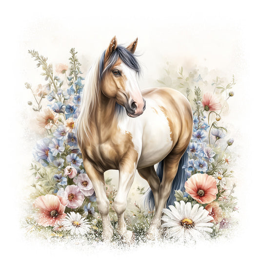horse, palomino, cream colored, white mane, blue flowers, pink poppies, wildflowers, floral border, watercolor style, fabric panel, quilting cotton, pastoral scene, meadow, botanical, soft pastels, equestrian, nature motif, decorative panel, crafting fabric, dreamy illustration