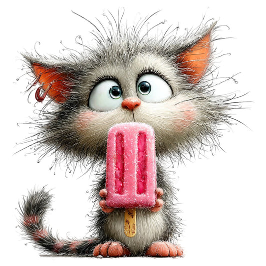 fluffy cat, whimsical animals, cartoon cat, popsicle, ice cream, orange ears, gray and white, coral orange, hot pink, bubblegum pink, playful, fun, children's, kids, cute animals, silly expression, novelty, summer, treats, food theme, wide-eyed cat, striped popsicle, animal characters, humorous, lighthearted, baby quilt, wall hanging, contemporary, colorful animal art