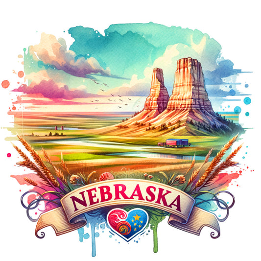 US States Retro Travel Fabric Panel 22 featuring a colorful Nebraska landscape with iconic rock formations and wheat fields artwork.