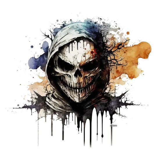 skull, watercolor, abstract, splatter, ink bleed, dark academia, gothic, edgy, modern art, navy blue, charcoal gray, burnt orange, cream, black, artistic, contemporary, grunge, paint drip, mixed media, halloween, metal, rock and roll, biker, edgy style, bohemian, alternative, street art, illustration, grungy aesthetic