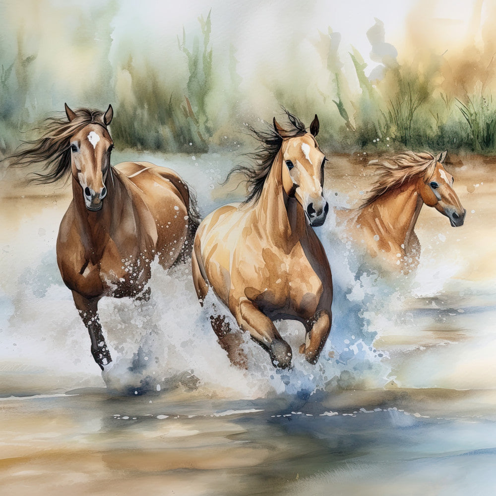 horses, running horses, galloping horses, water, splashing, brown horses, tan horses, chestnut, cream, beige, tan, gold, soft colors, watercolor, artistic, nature, animals, equestrian, wildlife, rustic, elegant, peaceful, serene, landscape, water scene, impressionistic, soft focus, muted tones, earth tones, majestic