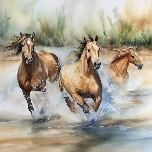 horses, running horses, galloping horses, water, splashing, brown horses, tan horses, chestnut, cream, beige, tan, gold, soft colors, watercolor, artistic, nature, animals, equestrian, wildlife, rustic, elegant, peaceful, serene, landscape, water scene, impressionistic, soft focus, muted tones, earth tones, majestic