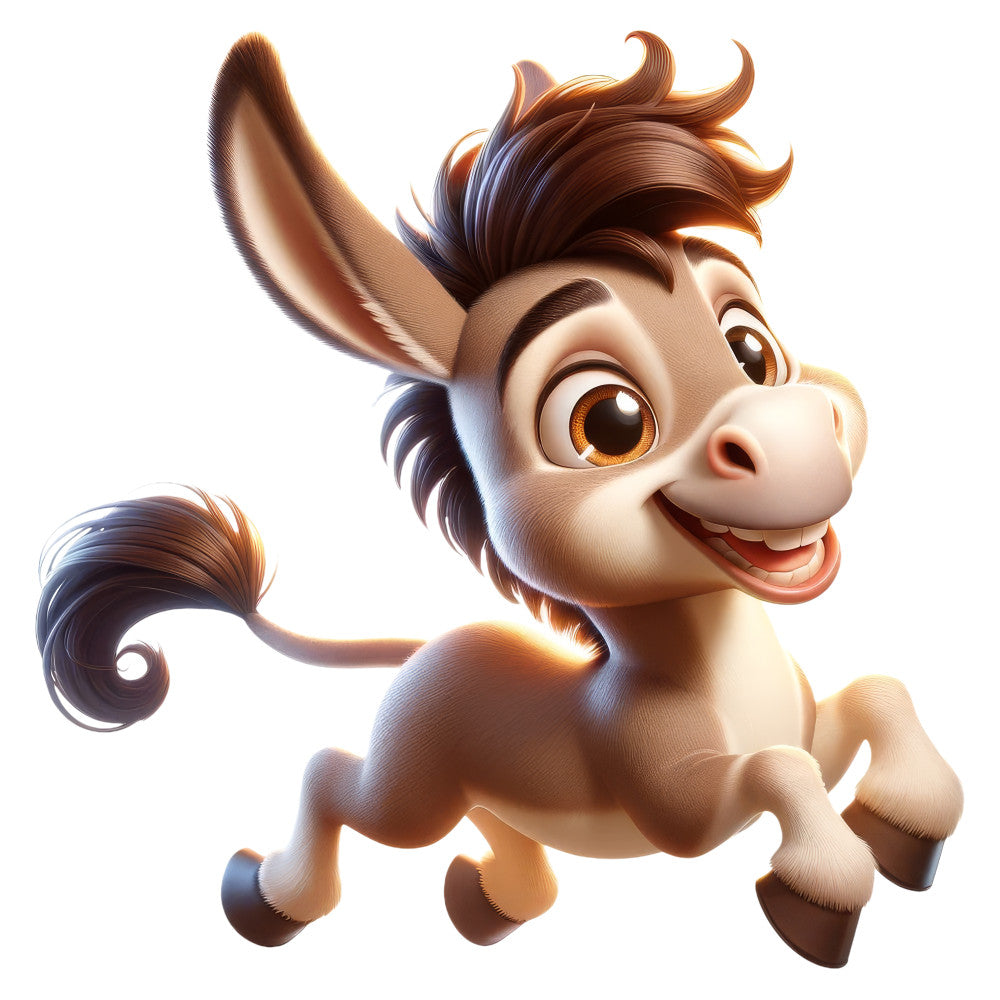 cute donkey, cartoon animal, brown and cream, tan and white, playful character, whimsical style, children's fabric, baby animal, expressive eyes, smiling donkey, nursery decor, kid-friendly design, adorable motif, friendly creature, animated style, bright and cheerful, cream colored, chocolate brown, childish theme, playful expression, joyful character, fun design, youth-oriented, character panel, animal companion, sweet and innocent, lighthearted style, cheerful animal