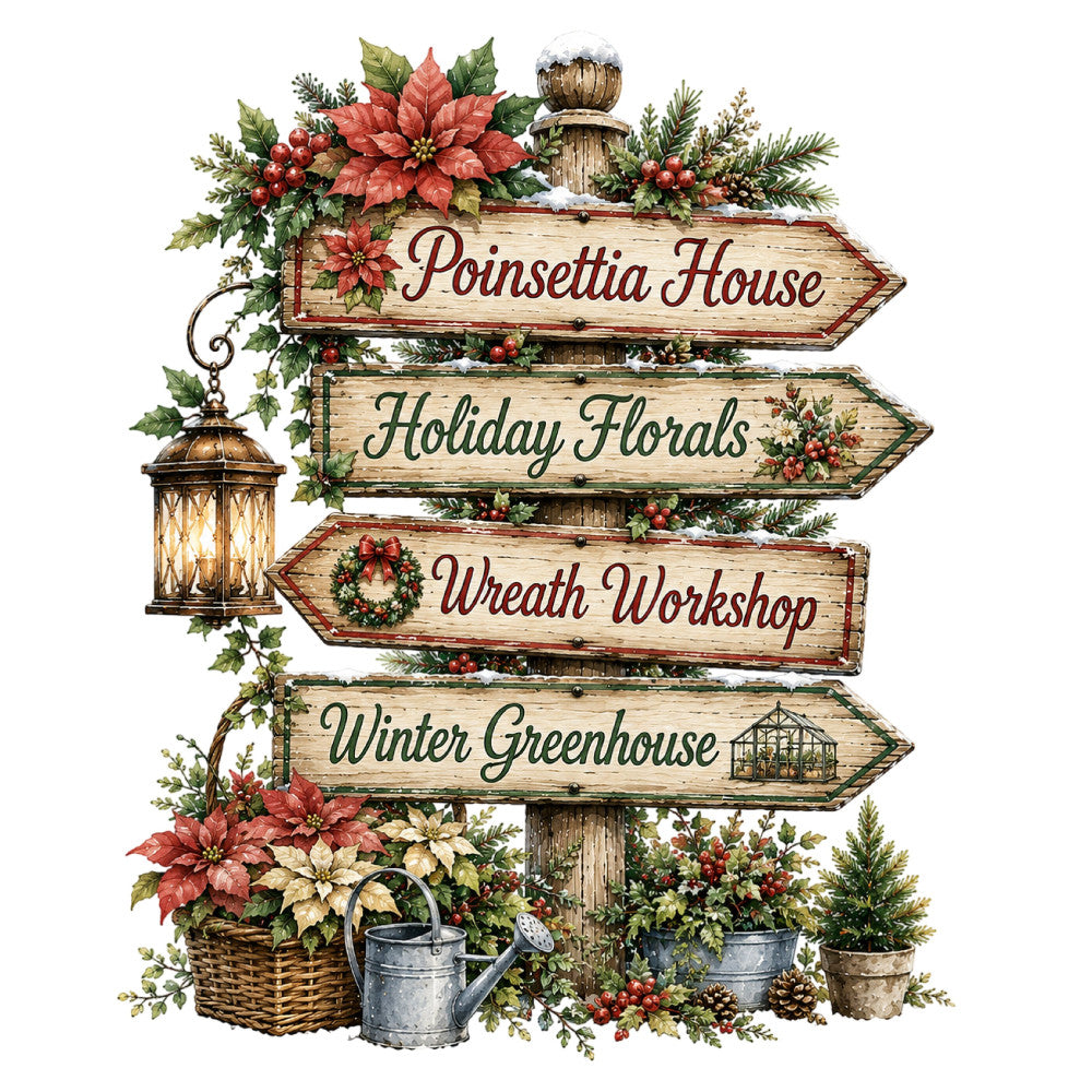 holiday, christmas, poinsettia, winter, farmhouse, rustic, vintage, wooden signs, directional sign, red flowers, cream, forest green, burgundy, natural wood, floral, botanical, festive, seasonal, home decor, wall hanging, traditional, elegant, cottage core, greenery, berries, lantern, watering can, baskets, potted plants, winter greenery