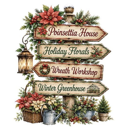 holiday, christmas, poinsettia, winter, farmhouse, rustic, vintage, wooden signs, directional sign, red flowers, cream, forest green, burgundy, natural wood, floral, botanical, festive, seasonal, home decor, wall hanging, traditional, elegant, cottage core, greenery, berries, lantern, watering can, baskets, potted plants, winter greenery
