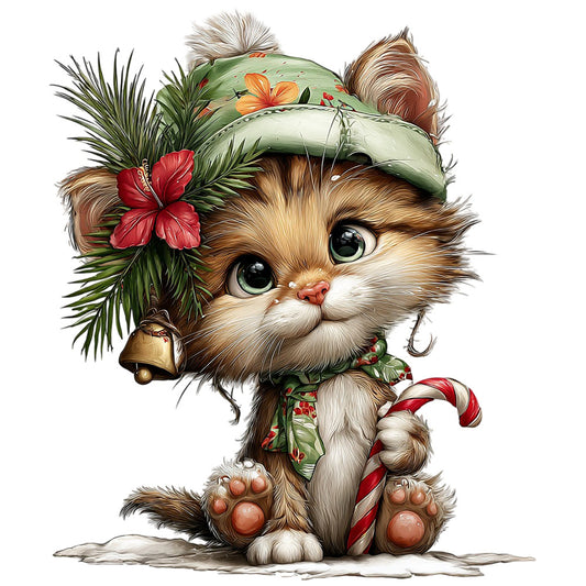cute cat, kitten, holiday, christmas, festive, whimsical, woodland, forest green, cream, red, candy cane, evergreen branches, pine needles, tropical flowers, orange flowers, red hibiscus, bell, gold bell, candy cane motif, winter, seasonal, decorative, playful, charming, animal lover, pet themed, tropical holiday, vintage style, illustration art, detailed