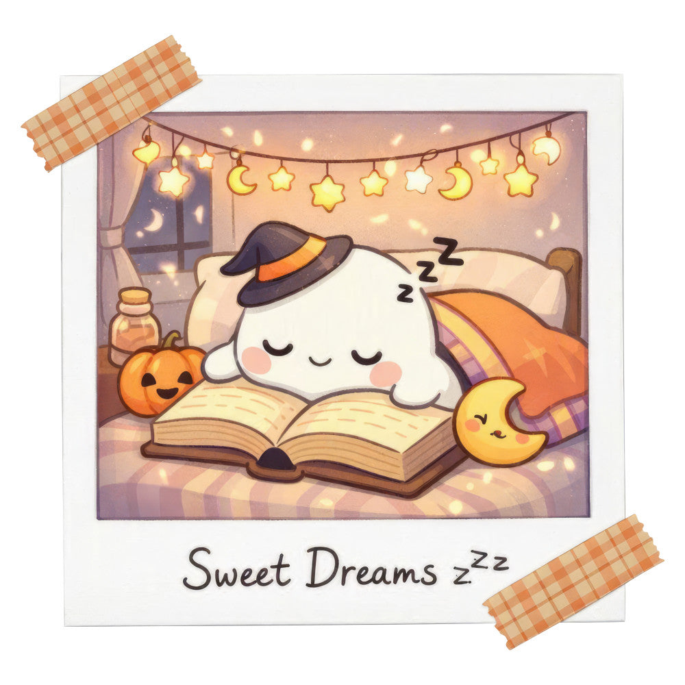sweet dreams, whimsical, cute, cloud, sleeping, bedtime, stars, moons, nighttime, celestial, cozy, warm, orange, cream, purple, gold, yellow, storybook, children's, nursery, baby, peaceful, dreamy, magical, autumn, fall, pumpkin, book, lamp, night sky