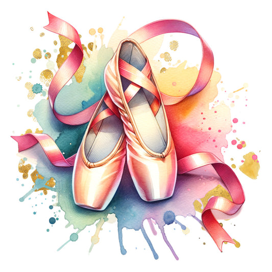 ballet slippers, pointe shoes, pink ribbons, watercolor splashes, gold glitter, teal blue, coral pink, purple accents, yellow highlights, dance theme, artistic style, fabric panel, cotton quilting, whimsical design, colorful splatters, graceful ribbons, ballet studio, dancer motif, pastel colors, creative arts