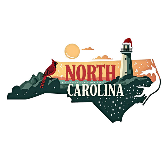 Christmas US States Fabric Panel 18 showing North Carolina with a cardinal, lighthouse in a festive holiday theme.