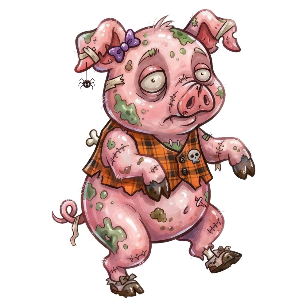 zombie pig, undead, horror, dusty rose pink, sage green, orange plaid, whimsical, spooky, halloween, creepy cute, stitched, patched, mottled, diseased, gothic, dark humor, animals, pigs, insects, spider, purple bow, rustic, folk art, quirky, playful macabre, alternative halloween, grungy, vintage horror, creepy critters