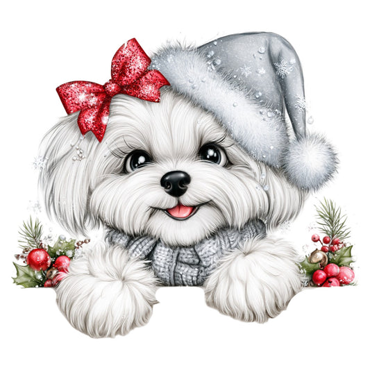 white dog, shih tzu, fluffy puppy, red glitter bow, silver santa hat, christmas dog, holiday puppy, festive pet, winter dog, gray knit sweater, holly berries, red berries, cute dog face, smiling puppy, big eyes, children's design, nursery fabric, baby animals, whimsical style, playful puppy, seasonal christmas, winter holiday, pet lover, dog breeds, charming animal, decorative panel, festive theme, snow theme, grey and white, red and white