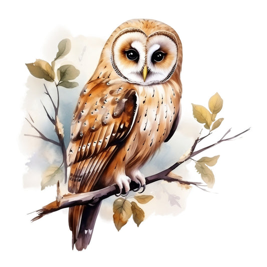 watercolor owl, brown owl, tawny brown, cream white, golden yellow, sage green, soft beige, perched owl, tree branch, autumn leaves, facial disc, round eyes, watercolor painting, nature illustration, bird panel, fabric panel, quilting cotton, woodland creature, gentle expression, artistic rendering