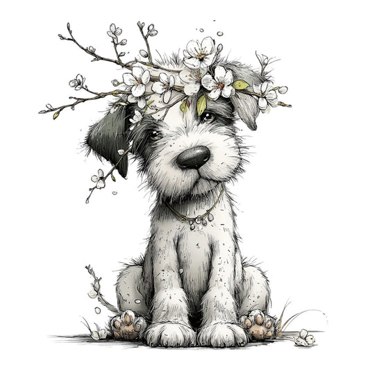 dog, puppy, black and white, cream, sage green, floral, botanical, nature, animals, whimsical, cute, adorable, spring, summer, portrait, dog with flowers, flowering branches, cherry blossoms, white flowers, gentle, sweet, charming, children's, nursery, baby, woodland, garden theme, sketch style, illustrated, line art