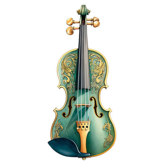 teal green, gold accents, ornate scrollwork, musical instrument, violin, baroque style, vintage, elegant, decorative, classical music, filigree patterns, emerald green, bronze gold, intricate design, traditional, ornamental, music themed, artistic, sophisticated, antique, luxurious, detailed embellishment, home decor, wall art, music lover gift, concert hall aesthetic, gilded details