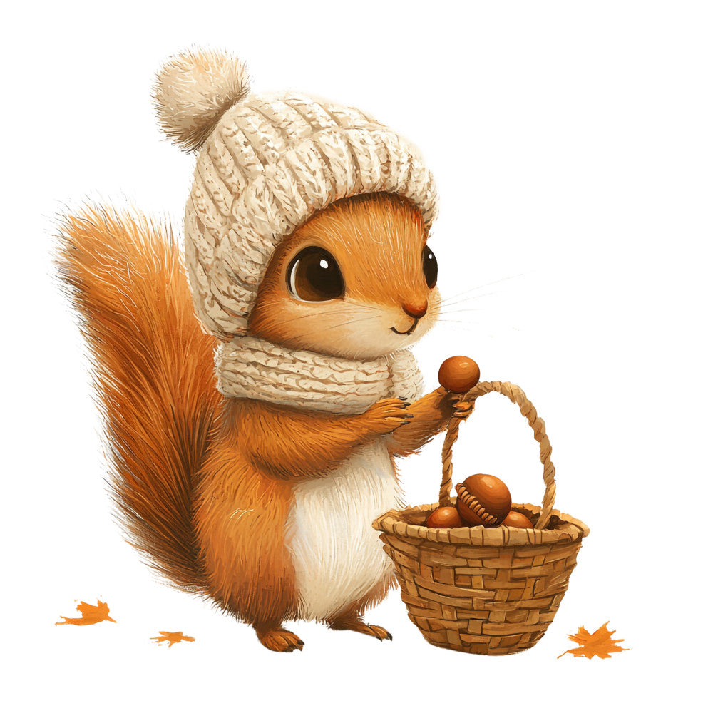 orange, cream, beige, brown, squirrel, knit hat, pom pom, winter clothing, basket, acorns, nuts, autumn leaves, cute animal, adorable character, fabric panel, quilting cotton, children's fabric, nursery theme, woodland creature, winter theme, cartoon style, soft illustration