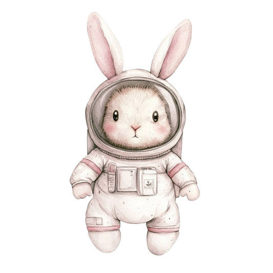 astronaut bunny, space rabbit, cute animals, whimsical, children's, baby nursery, pastel pink, soft white, cream, blush pink, mauve, gentle, sweet, space theme, celestial, adventure, explorer, illustration, character panel, kids bedding, baby quilt, nursery decor, gender neutral, playful, soft colors, watercolor style, modern whimsical, storybook, kawaii, adorable