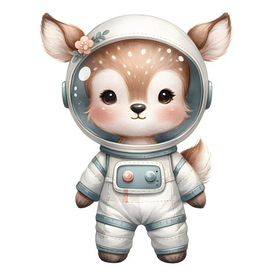 astronaut deer, space animal, woodland creature, adorable character, cute face, brown and white, soft gray, dusty blue, sage green, blush pink, whimsical, modern, celestial theme, space exploration, gender neutral, baby nursery, children's design, cosmic adventure, animal character, flower accent, playful style, illustration art, character panel, nursery decor, space suit, helmet design, adventure theme, sweet and gentle, contemporary illustration
