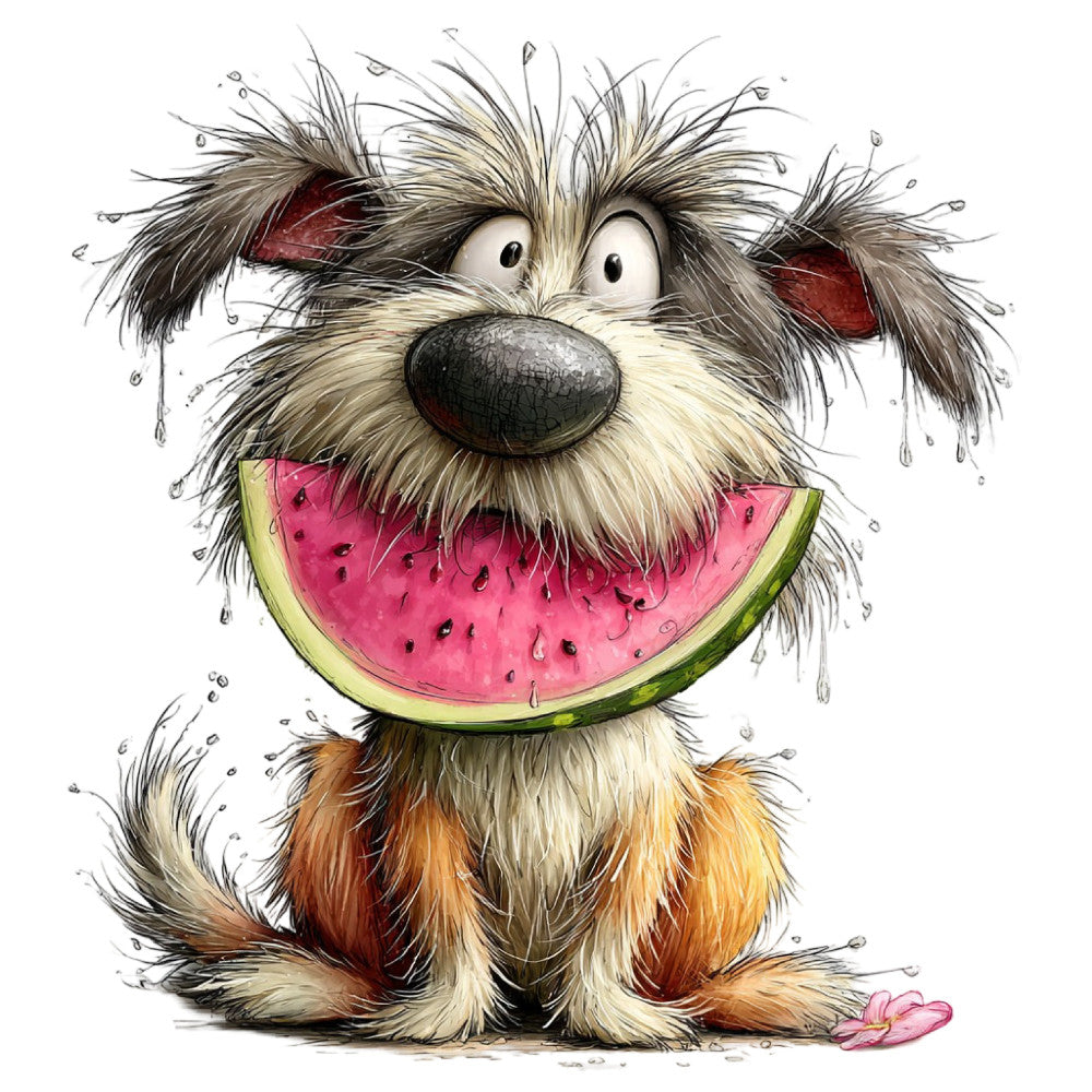 whimsical dog, cute puppy, watermelon, summer, playful animal, children's fabric, watercolor style, cream, coral pink, forest green, rust orange, charcoal gray, illustrated dog, funny animals, cheerful, vibrant, kid's quilt, novelty print, summer fruit, happy expression, furry texture, cartoon style, animals with food, playful expression, multicolor, bright colors, nature themed, casual style, fun characters, children's clothing