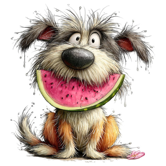 whimsical dog, cute puppy, watermelon, summer, playful animal, children's fabric, watercolor style, cream, coral pink, forest green, rust orange, charcoal gray, illustrated dog, funny animals, cheerful, vibrant, kid's quilt, novelty print, summer fruit, happy expression, furry texture, cartoon style, animals with food, playful expression, multicolor, bright colors, nature themed, casual style, fun characters, children's clothing