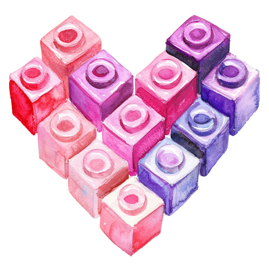 fabric panel, building blocks, toy blocks, heart shape, pink, purple, magenta, coral, lavender, watercolor style, children's theme, playful, quilting cotton, nursery decor, kids room, geometric pattern, interlocking blocks, pastel colors, craft fabric, sewing panel