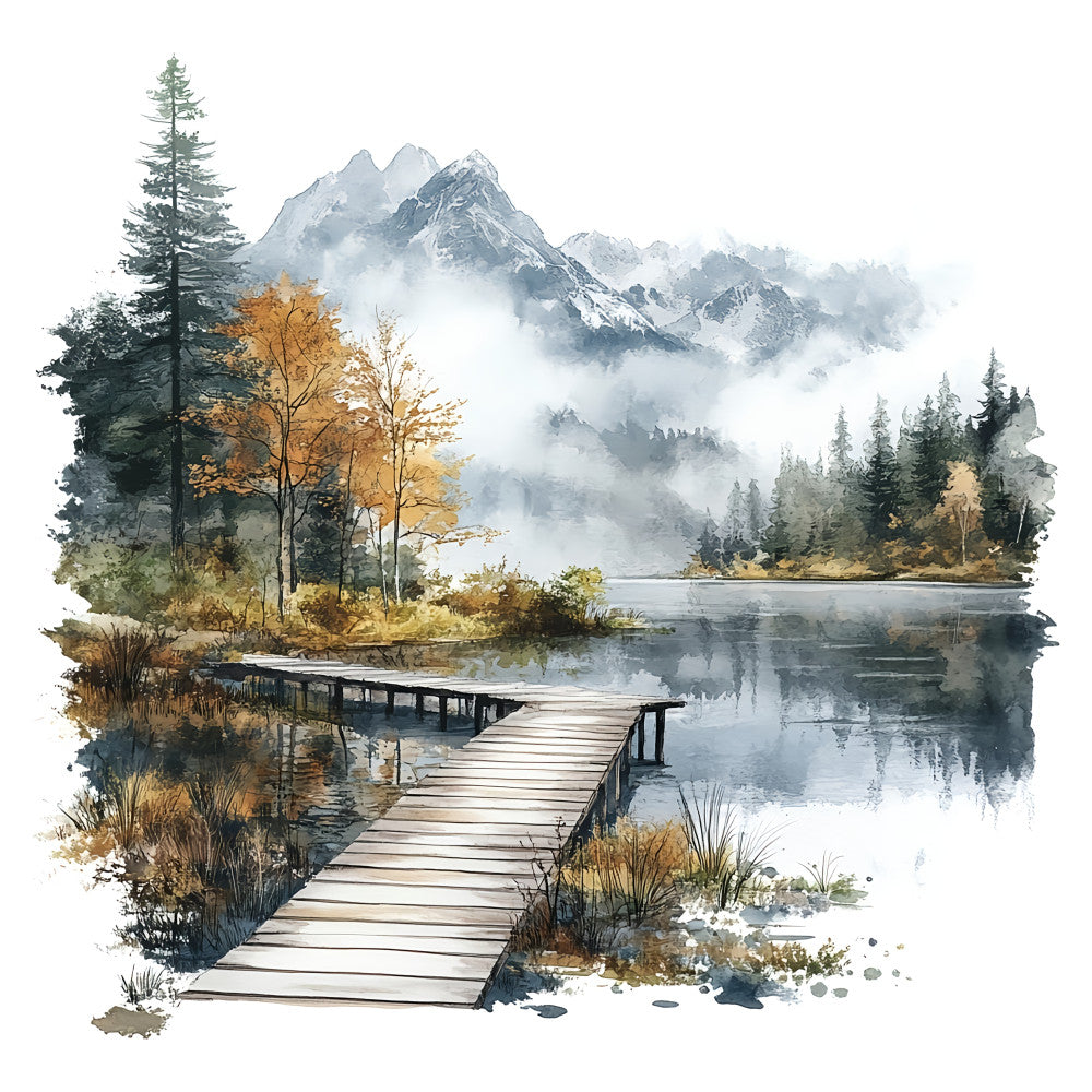 mountain landscape, misty peaks, autumn trees, golden leaves, evergreen forest, wooden dock, lakeside, serene nature, watercolor style, landscape, forest green, golden yellow, gray blue, misty gray, white, calm water, reflection, peaceful, rustic, scenic, outdoor, nature scene, fall foliage, coniferous trees, alpine, nature inspired, contemplative, tranquil, woodland