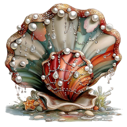 seashell, pearl embellishments, ocean, nautical, coastal, sea creature, iridescent, metallic, coral red, sage green, cream, beige, tan, rust orange, dimensional, decorative, whimsical, fantasy, embellished, beaded, ornate, vintage, elegant, coastal theme, beach, summer, wall hanging, statement piece, art panel, jeweled