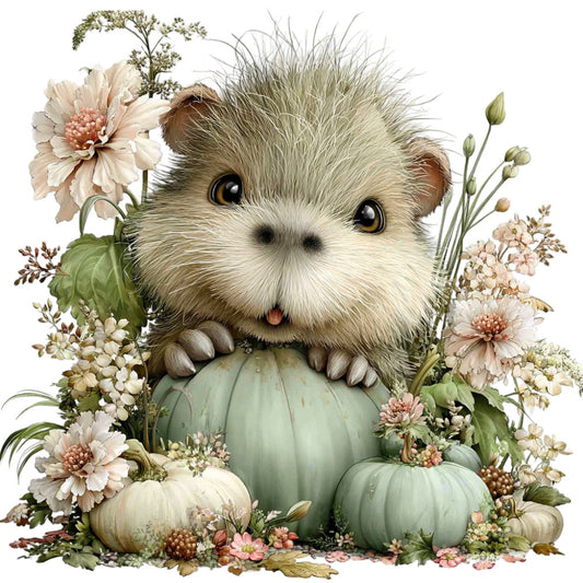 cute animal, fluffy hedgehog, woodland creature, pastel colors, sage green, dusty rose, cream, soft pink, peach, floral design, daisies, gerbera daisies, pumpkins, gourds, nature themed, whimsical, sweet, gentle, spring, autumn, baby quilt, nursery, wall hanging, decorative panel, botanical, garden theme, rustic charm, cottage core, delicate flowers, hand illustrated