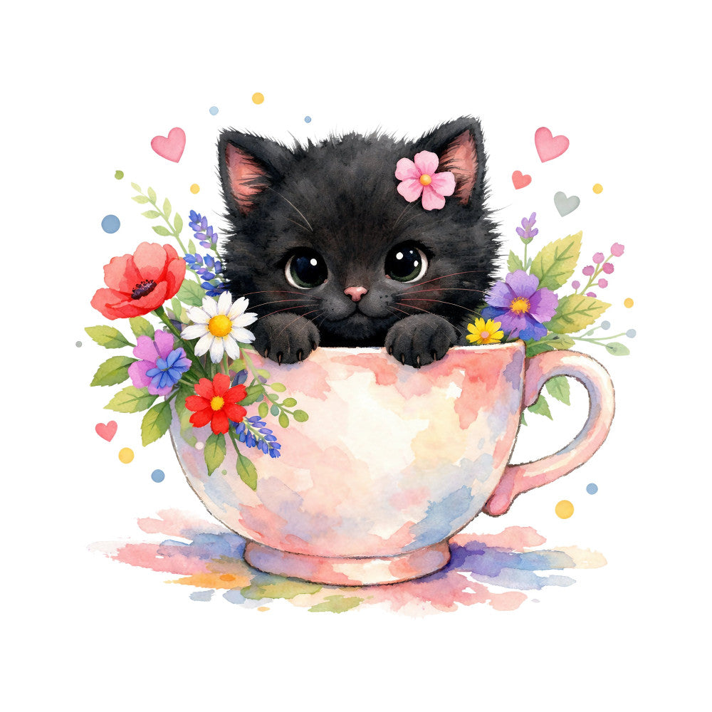 black cat, cat, floral, flowers, hearts, pink, coral pink, pastel colors, soft colors, watercolor, teacup, mug, whimsical, cute, adorable, animal, nature, spring, summer, garden flowers, daisy, poppy, lavender purple, yellow, green, romantic, feminine, children's, kids, playful