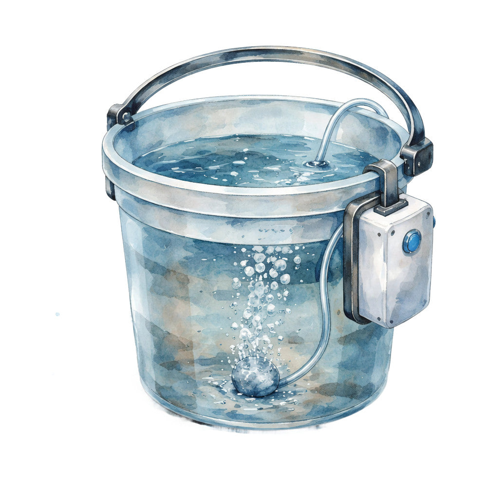 water bucket, washing machine, laundry, blue water, bubbles, mechanical, steampunk, industrial, vintage appliance, utility theme, household, functional design, light blue, teal, gray, white, neutral tones, mechanical elements, retro, nostalgic, whimsical, everyday objects, kitchen theme, home goods, domestic, practical, illustrated design, watercolor style