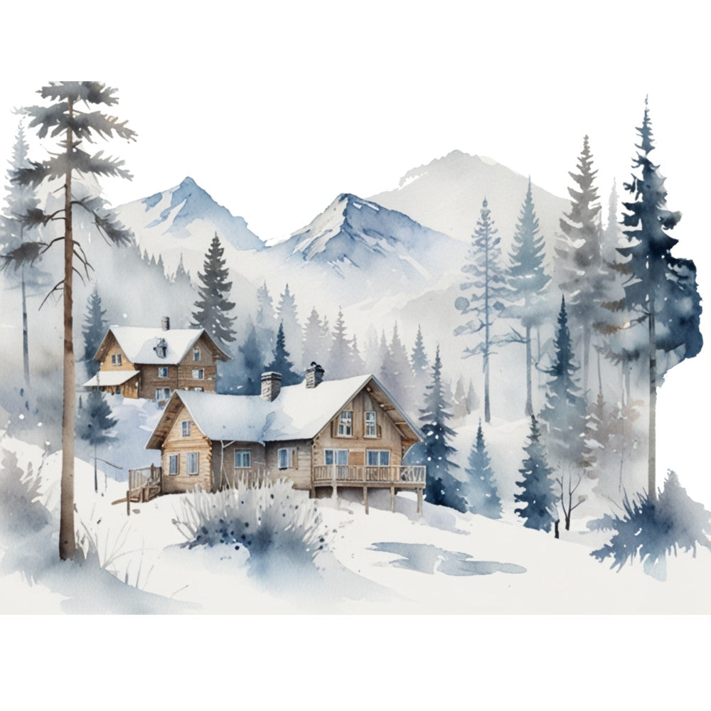 watercolor painting, winter landscape, snow covered cabins, mountain scene, evergreen trees, pine forest, blue mountains, white snow, brown wooden houses, misty atmosphere, fabric panel, quilting cotton, scenic vista, alpine setting, frosty morning, nature illustration, soft pastels, peaceful wilderness, skiing theme, cozy cottages