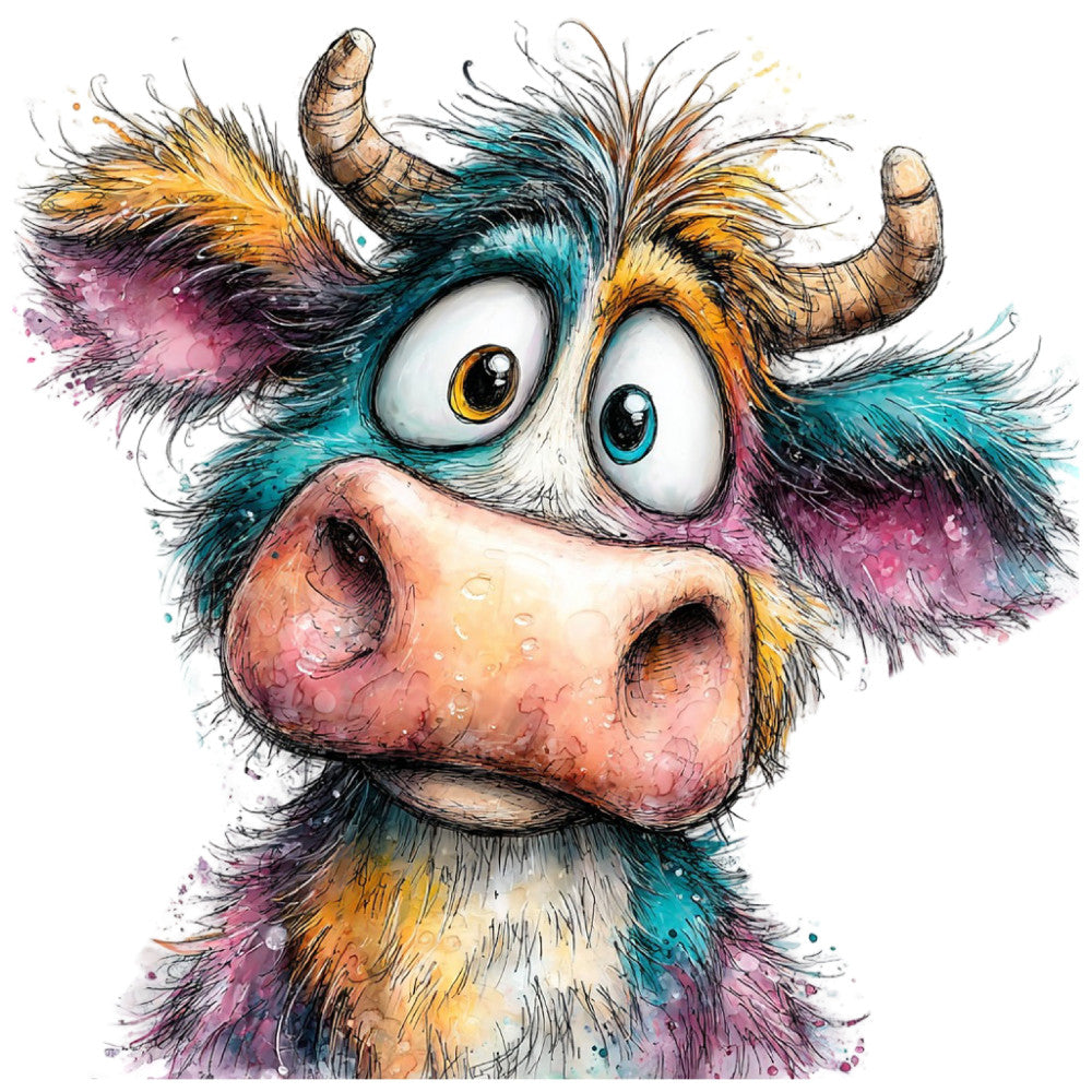 whimsical cow, colorful animal, teal, magenta, golden yellow, coral pink, turquoise, purple, multicolor, abstract watercolor, painted animal, contemporary art, playful, quirky, farm animal, bovine, expressive eyes, splatter paint effect, vibrant, modern illustration, artistic, decorative panel, statement fabric, children's fabric, nursery, wall art, farmhouse whimsical, bold colors, hand-painted style
