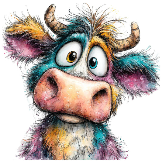 whimsical cow, colorful animal, teal, magenta, golden yellow, coral pink, turquoise, purple, multicolor, abstract watercolor, painted animal, contemporary art, playful, quirky, farm animal, bovine, expressive eyes, splatter paint effect, vibrant, modern illustration, artistic, decorative panel, statement fabric, children's fabric, nursery, wall art, farmhouse whimsical, bold colors, hand-painted style