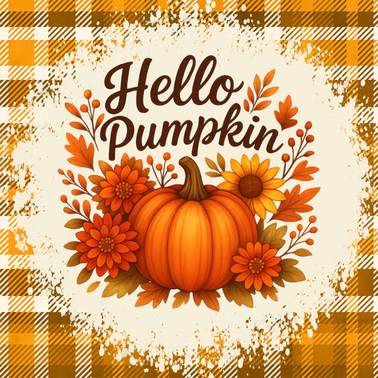 hello pumpkin, pumpkin, autumn, fall, harvest, orange, burnt orange, golden yellow, brown, cream, floral, flowers, dahlias, sunflowers, leaves, fall leaves, plaid, gingham, rustic, farmhouse, seasonal, thanksgiving, autumn harvest, pumpkin spice, nature, botanical, whimsical, traditional, cozy, warm tones